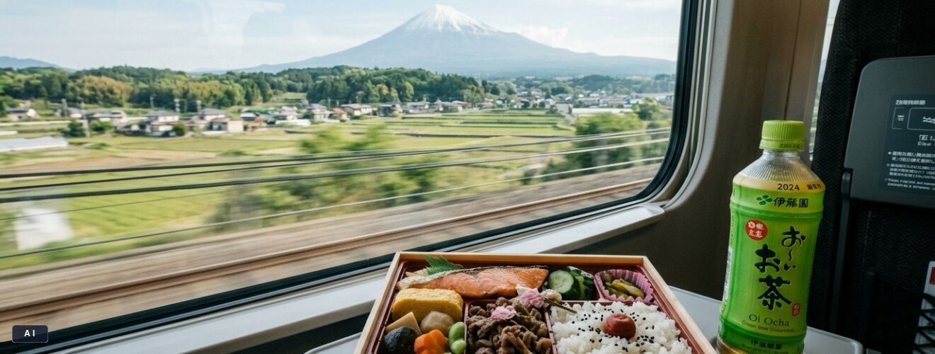 Färgglad japansk ekiben matlåda på ett tåg med utsikt genom fönstret