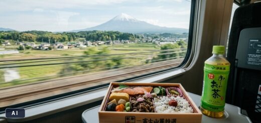 Färgglad japansk ekiben matlåda på ett tåg med utsikt genom fönstret