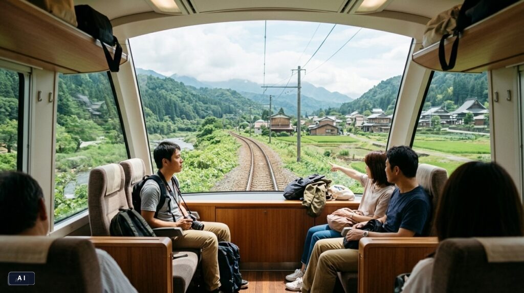 Panoramafönster längst fram i ett japanskt utflyktståg