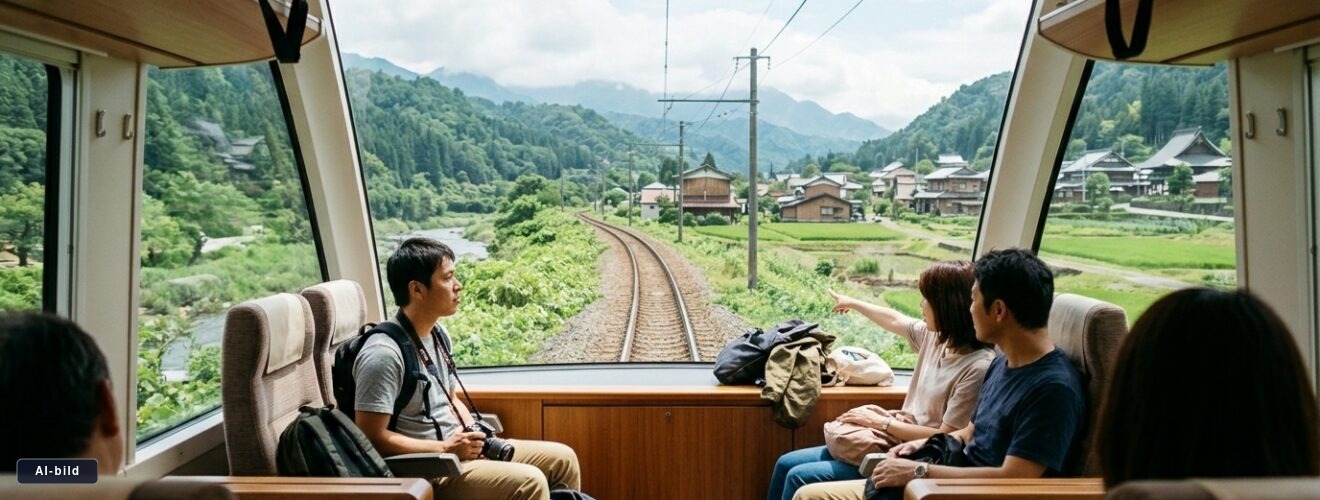 Panoramafönster längst fram i ett japanskt utflyktståg