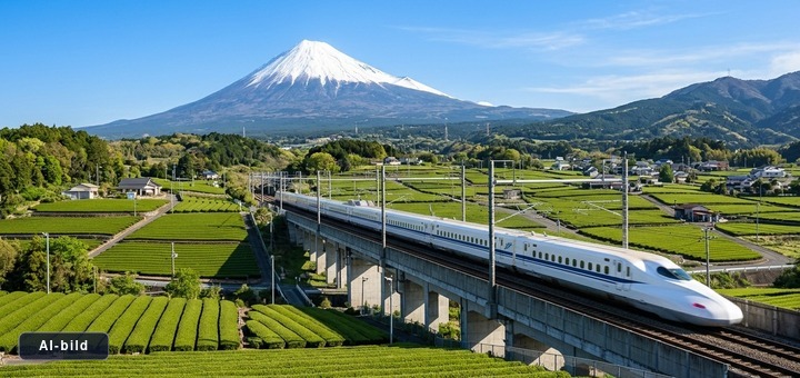 Japans Shinkansen-tåg susar fram framför berget Fuji