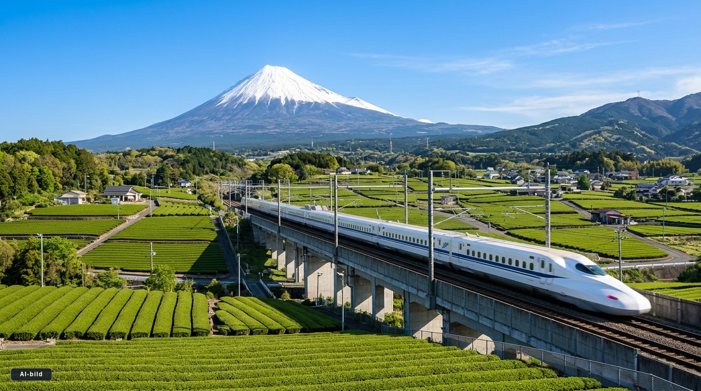 Japans Shinkansen-tåg susar fram framför berget Fuji